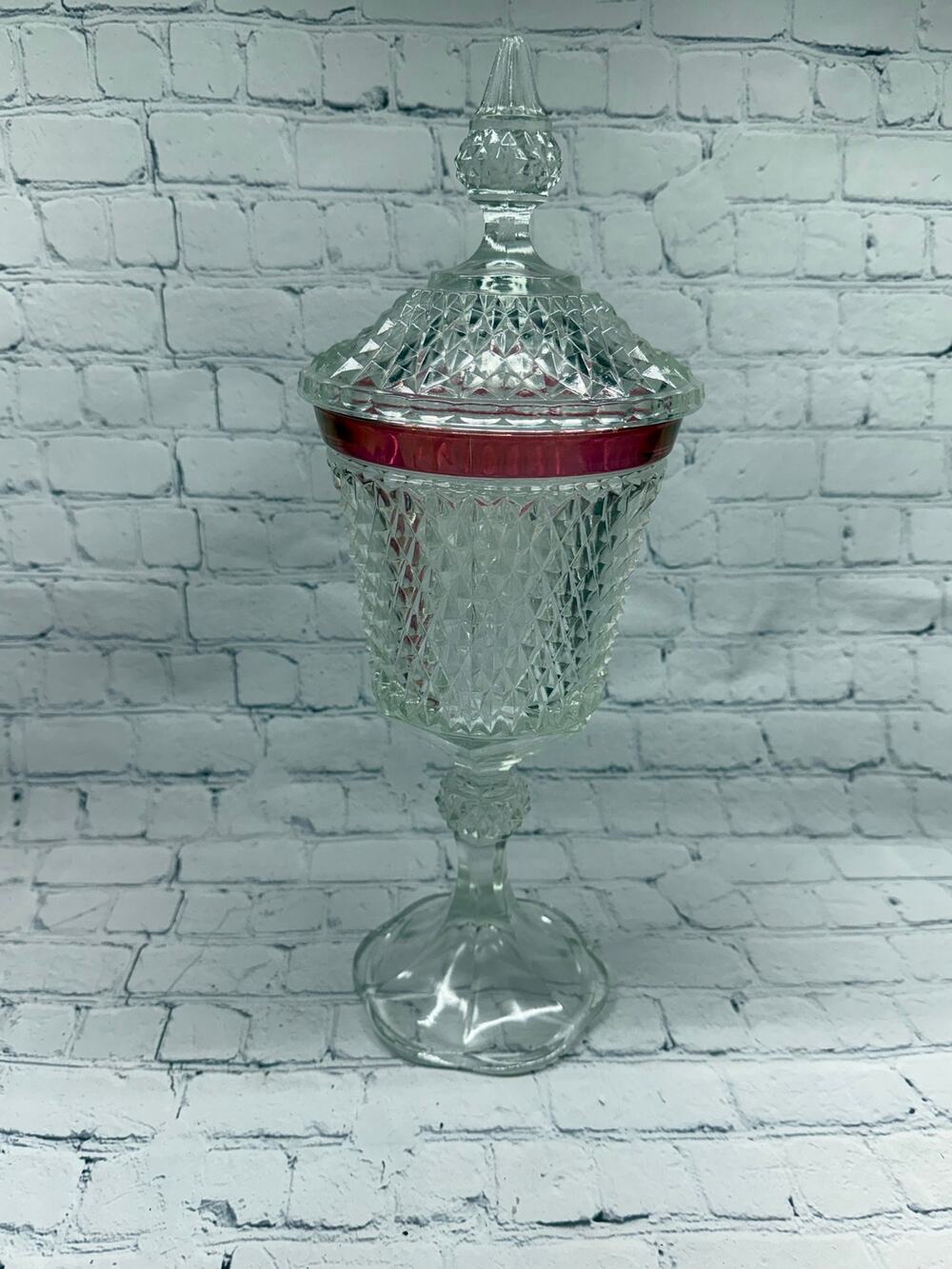 Large Vintage Indiana Glass Diamond Point Ruby Flash Compote and Cover